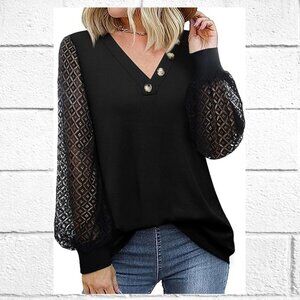 NWT! Classy Long Sleeve Top with V-Neckline, Button Accents, and Lace Sleeves